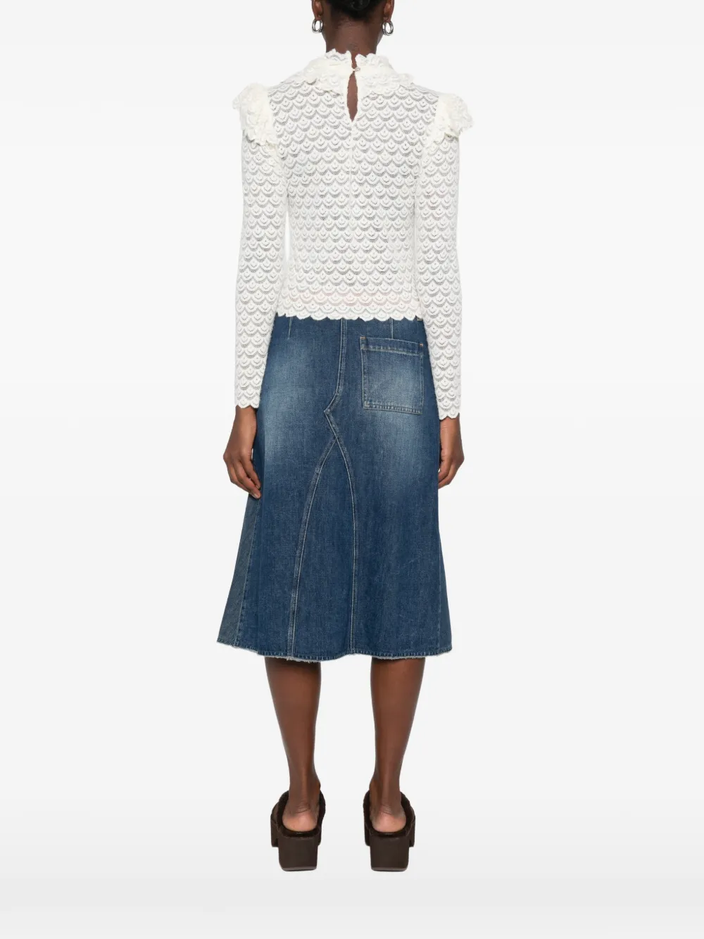 FARM Rio Gebreide kanten blouse met ruches Beige