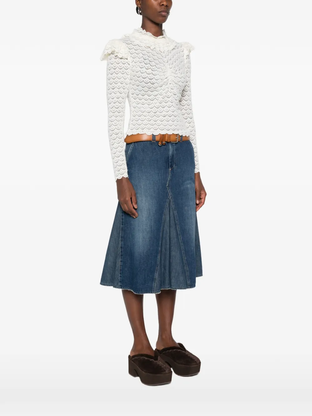 FARM Rio Gebreide kanten blouse met ruches Beige