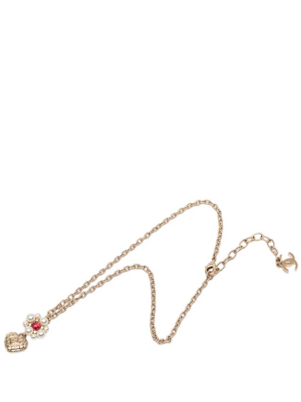 CHANEL Pre-Owned 2021 CC Gold Plated Faux Pearl Flower and Strass Heart Pendant Necklace costume necklace - Oro