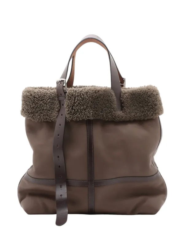 Hermès Pre-owned 2018 Clemence Shearling Etriviere Aviator Tote Bag in Brown