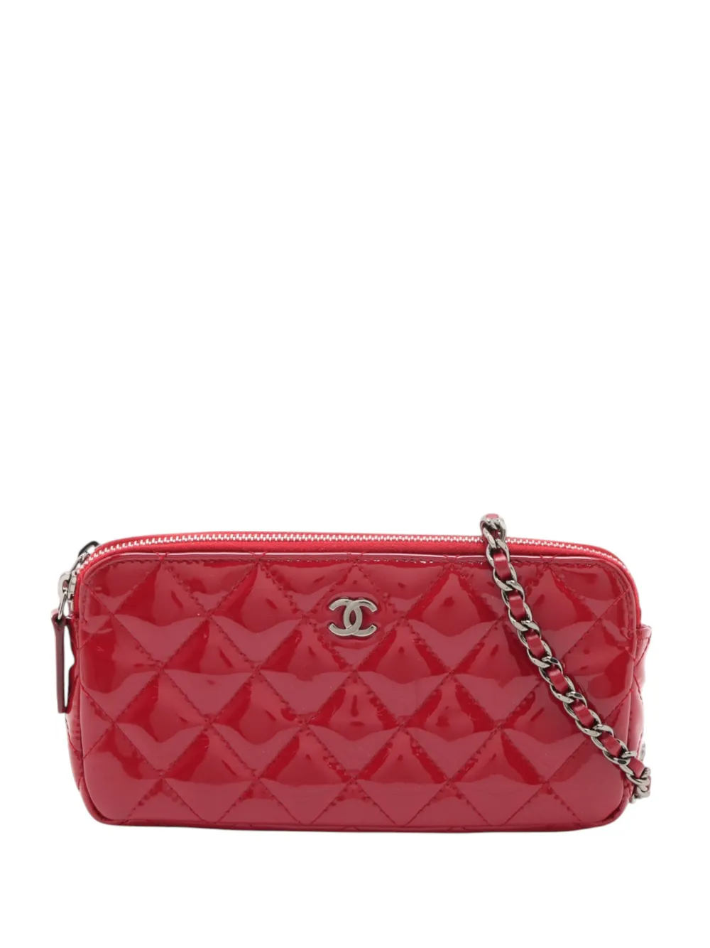 CHANEL Pre-Owned 2016-2017 CC Quilted Patent Double Zip Clutch With Chain crossbody bag - Rosso