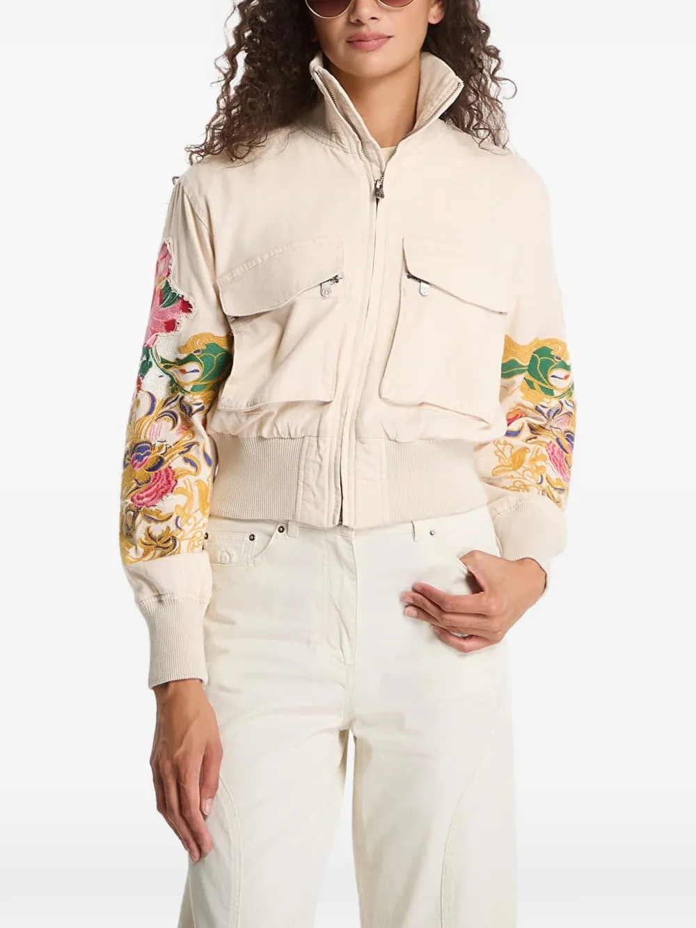 Desigual floral-embroidered zip-up jacket - Nude