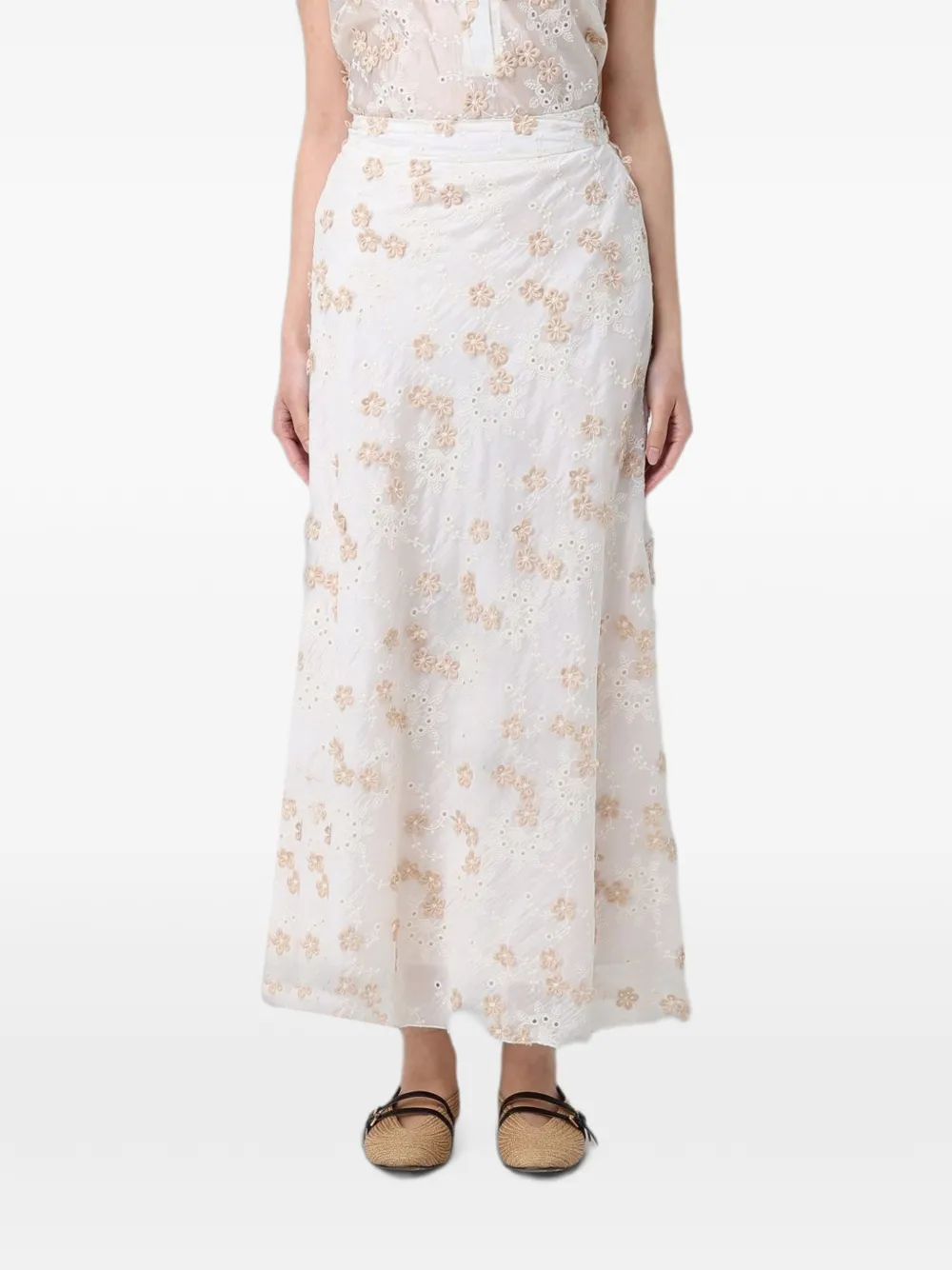 Hanita floral-embroidered flared skirt - Nude