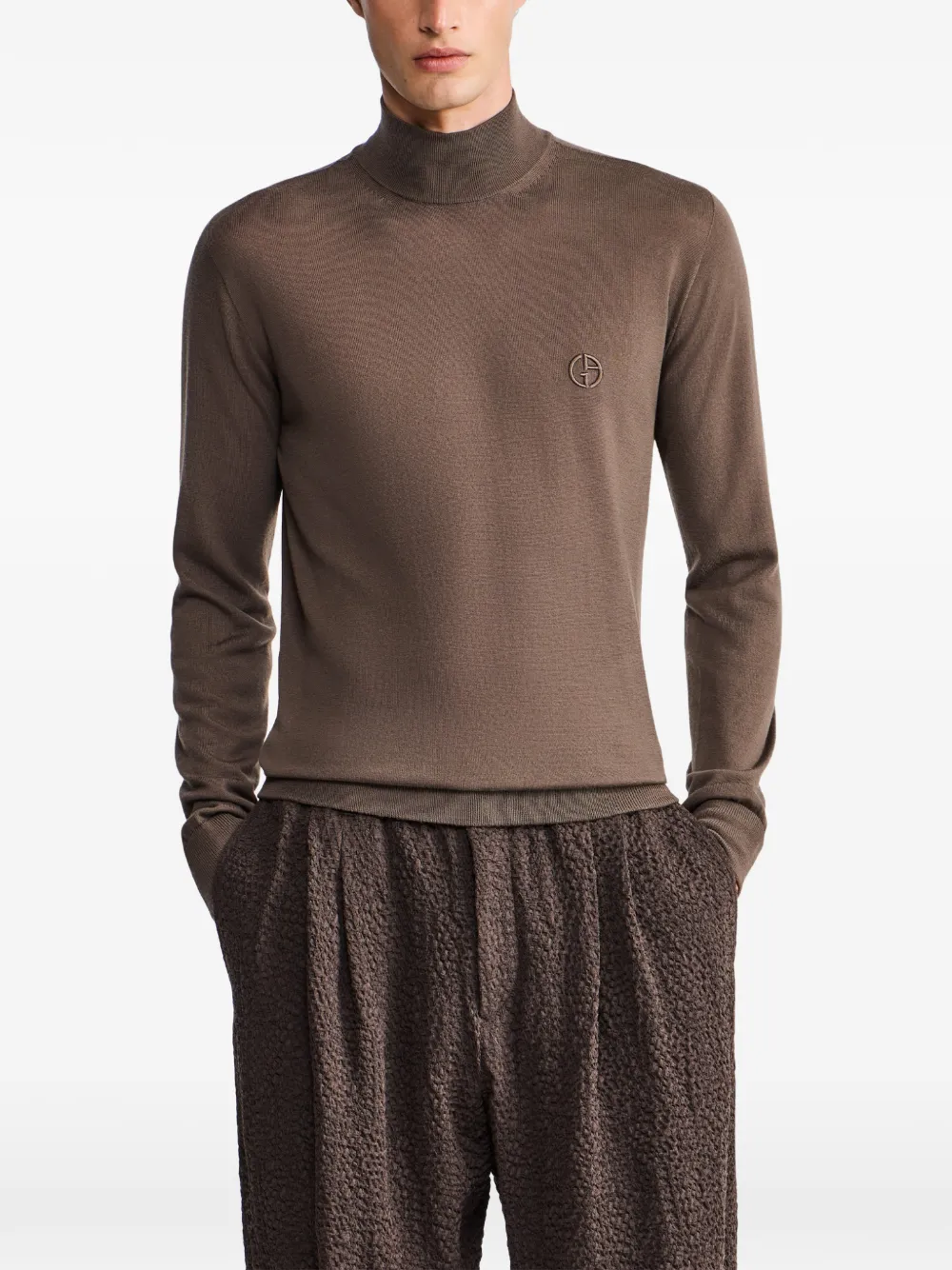 Giorgio Armani Sweater met geborduurd logo en hoge hals Bruin