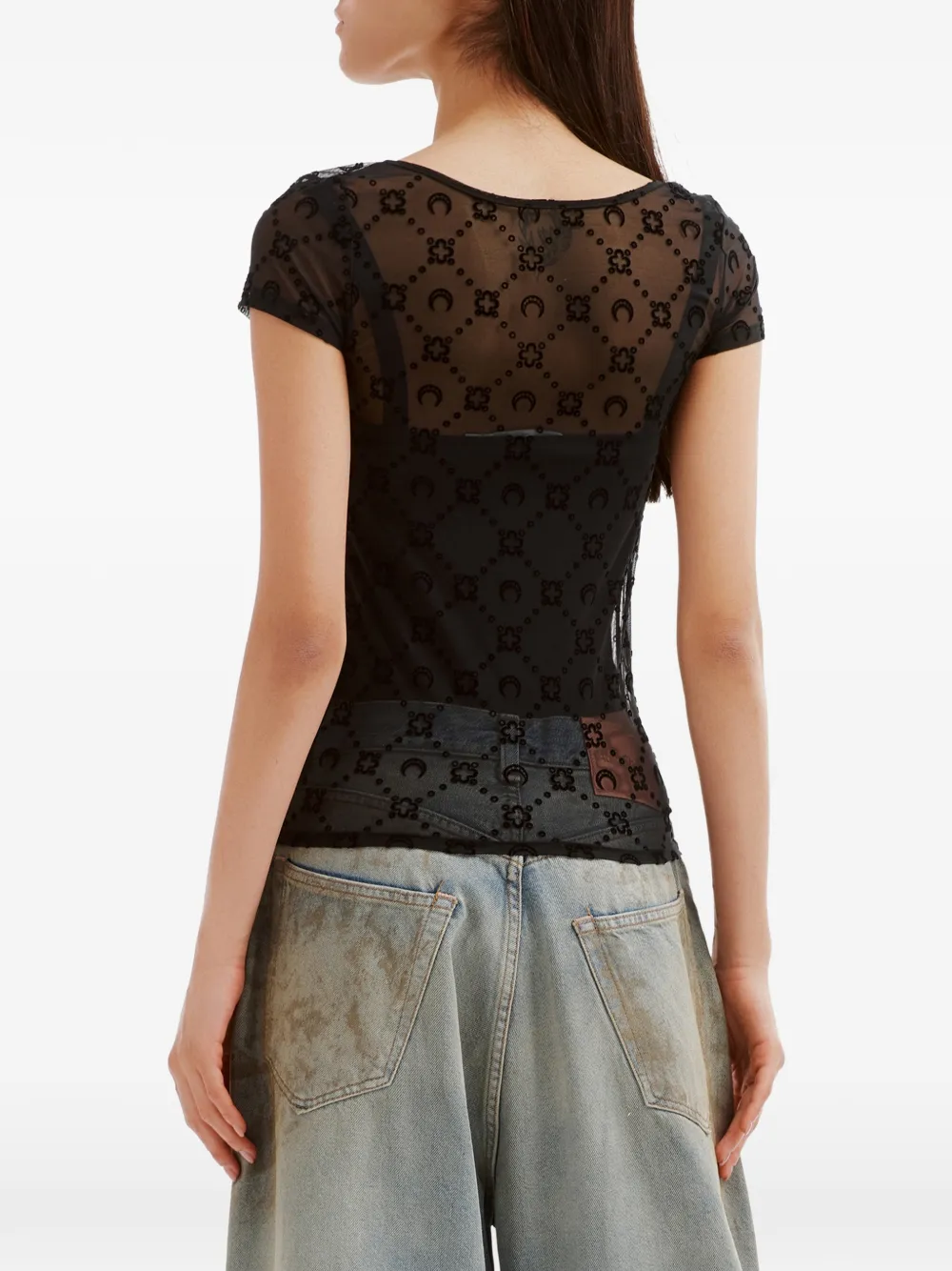 Marine Serre Gerecyclede mesh top met open hals Zwart