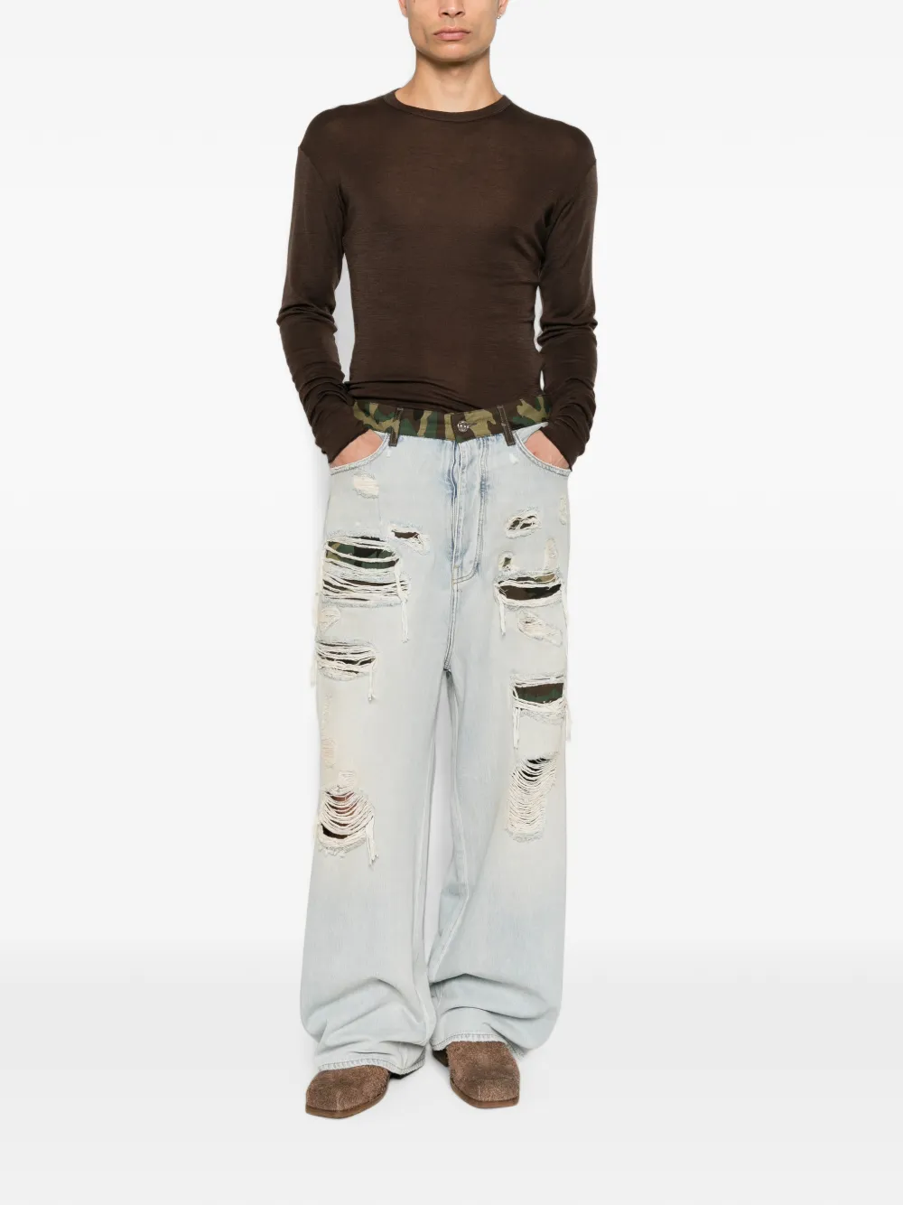 AMIRI Jeans met camouflageprint en gerafeld detail Blauw