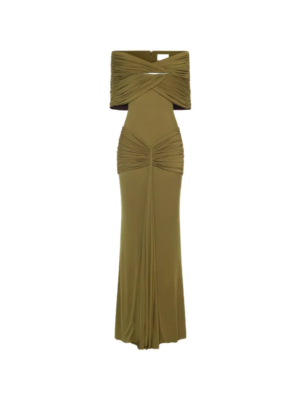 chats by c dam green dress C.DAM off-shoulder Draped Maxi | Butler dress
