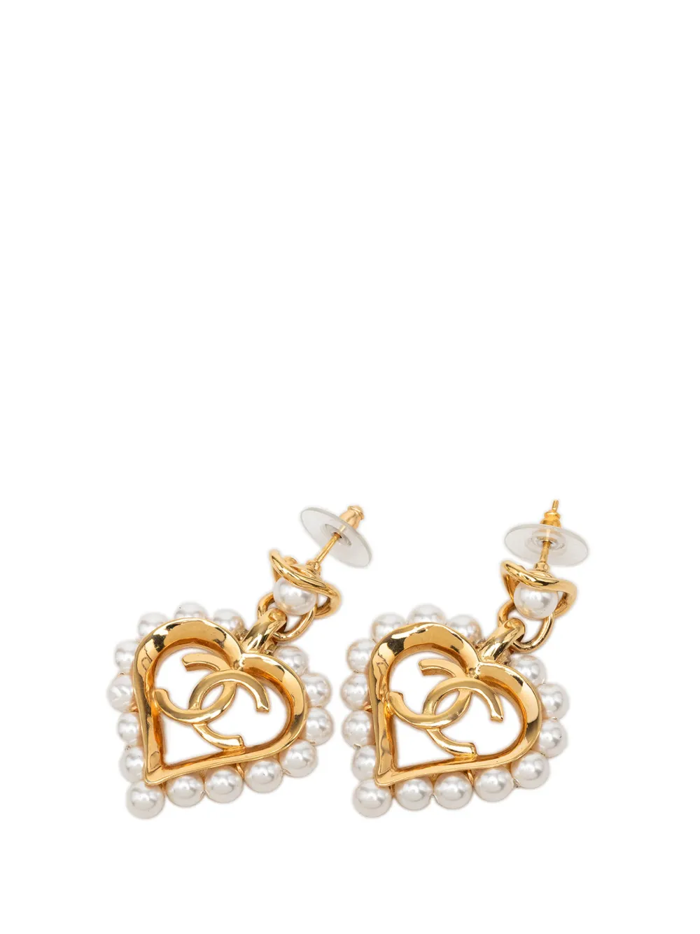 CHANEL Pre-Owned 2019 CC Gold Plated Faux Pearl Heart Cutout Drop Bullet Back Earrings costume earrings - Oro