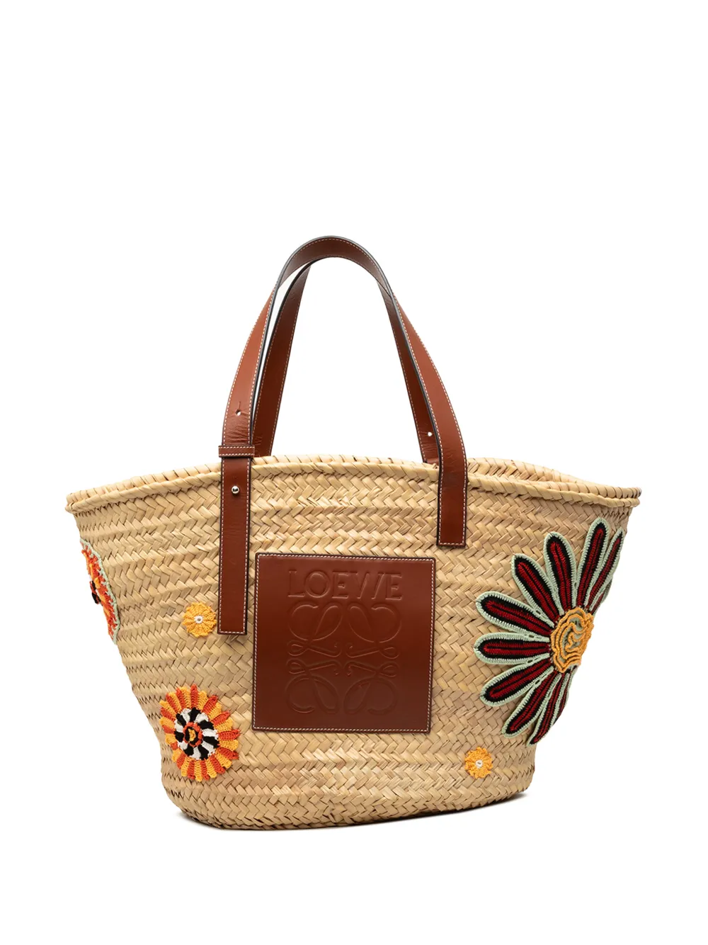 Loewe Pre-Owned 2021 Large Floral Embroidered Raffia Basket tote bag - Toni neutri