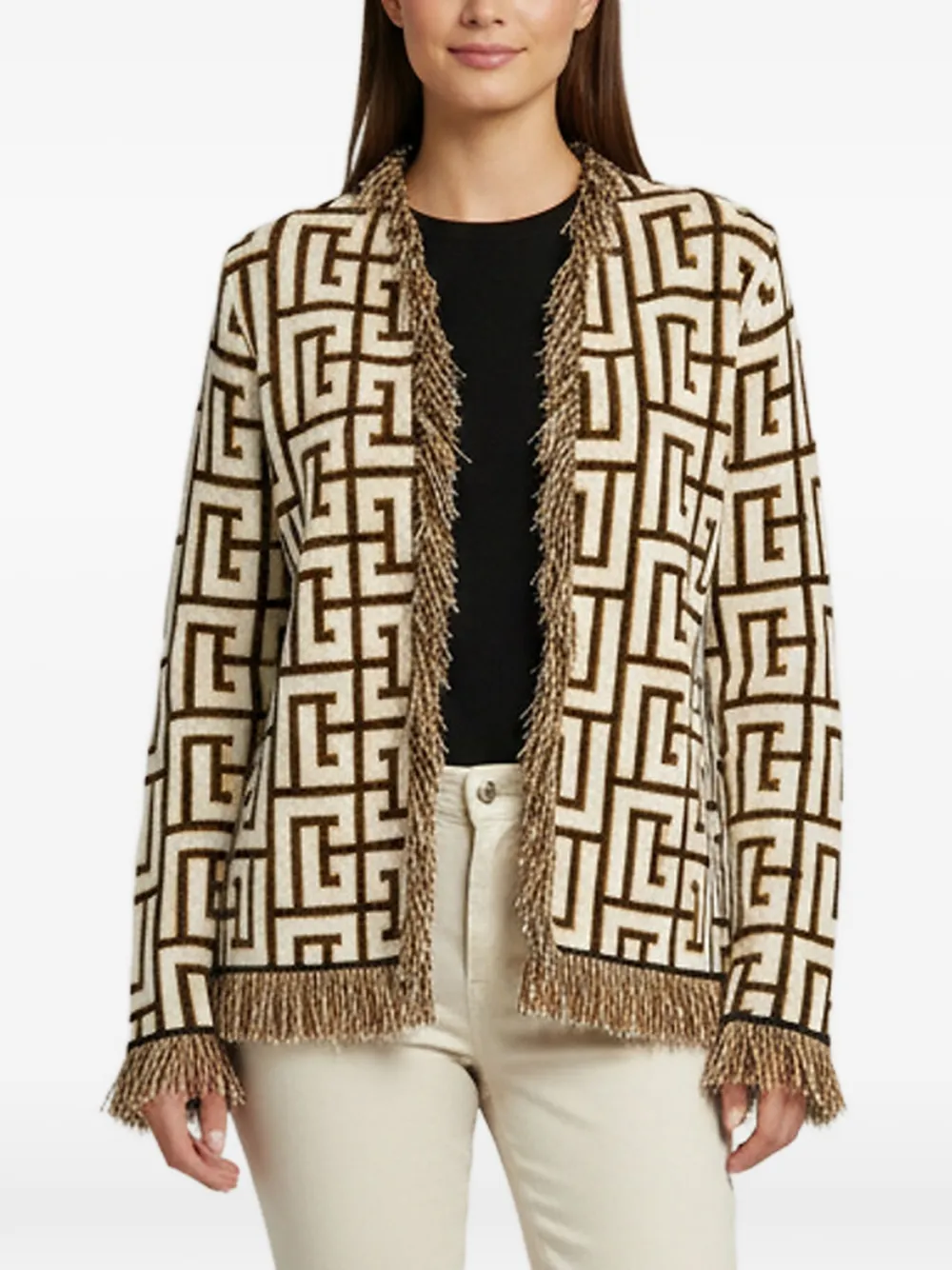 Pre-owned Balmain Monogram Jacquard Fringed Cardigan In Neutrals