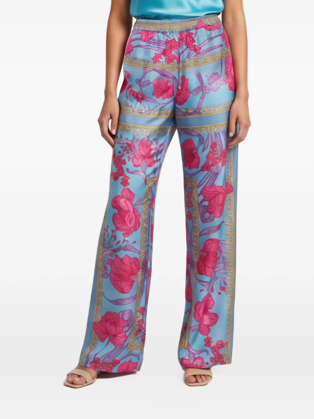 Versace Pre-Owned floral-print silk wide-leg trousers - Blu