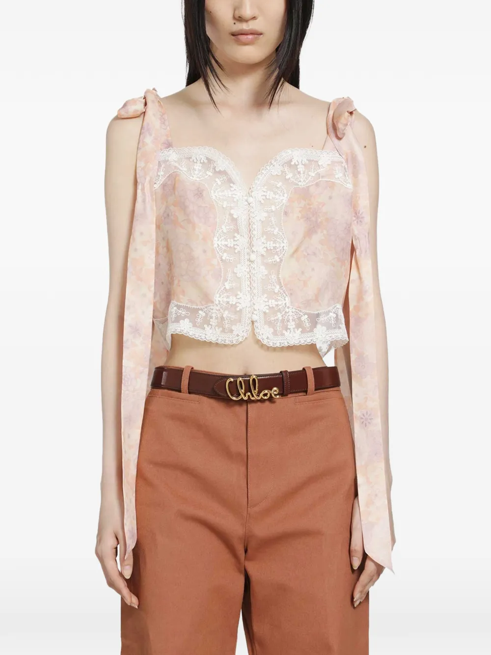 Chloé floral-print lace-trim top - Pink