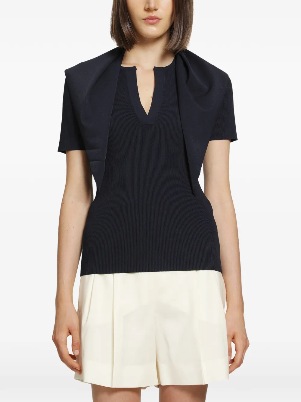 Max Mara ribbed-knit tie-detail short-sleeve sweater - Blau
