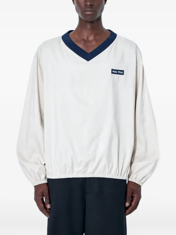 Miu Miu Logo-patch V-neck Sweater in Neutrals