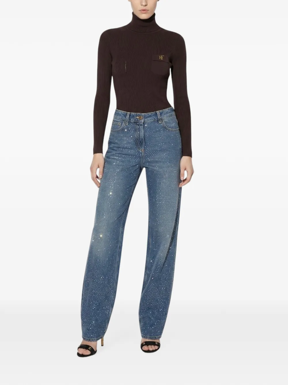 Elisabetta Franchi Ribgebreide coltrui met logo Bruin