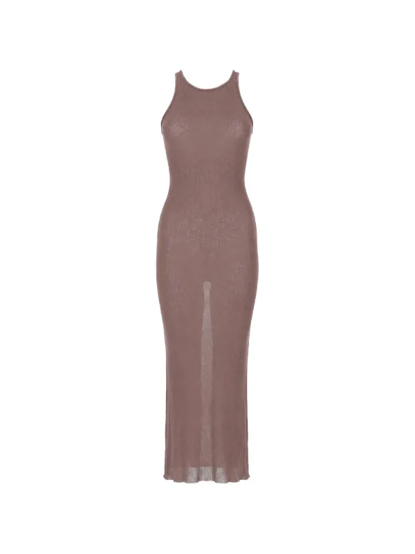 Rick Owens Ribbed-knit Racer-back Maxi Dress in Grey