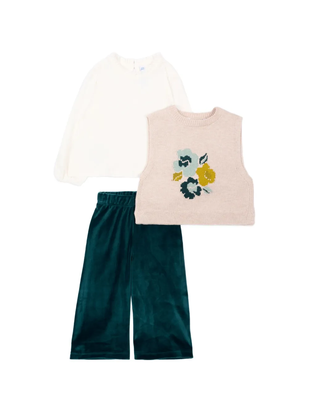 Mayoral ensemble t-shirt, pantalon en velours et pull sans manches à fleur intarsia - Tons neutres Mayoral ensemble t-shirt, pantalon en velours et pull sans manches à fleur intarsia - Tons neutres