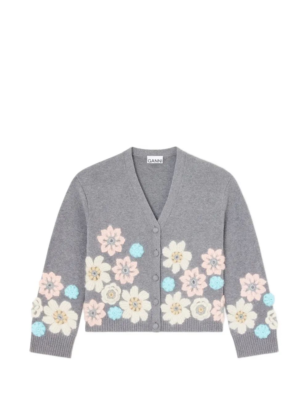 GANNI floral-applique knit cardigan - Grigio