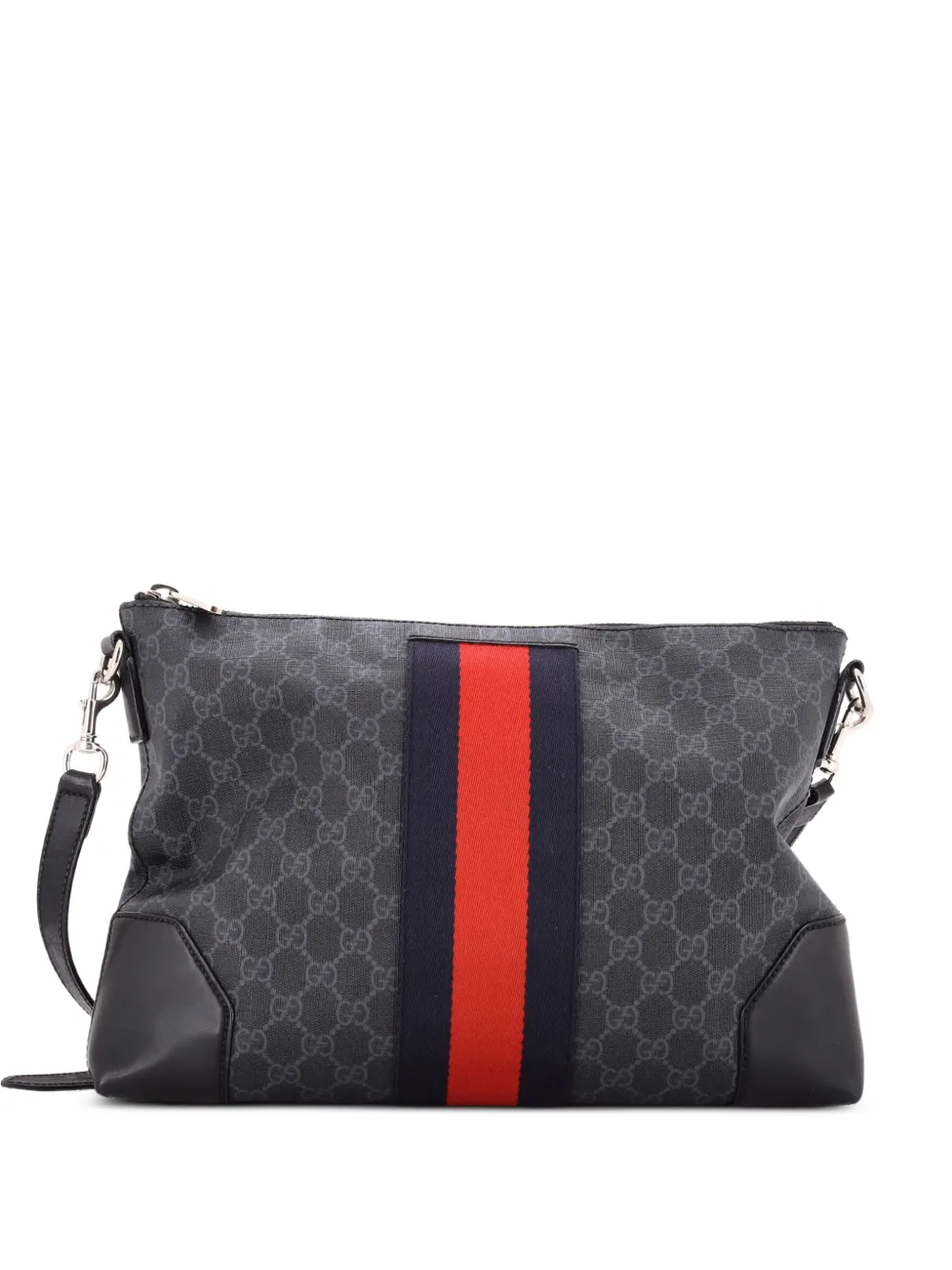 Gucci Pre-Owned Borsa a tracolla media in tela cerata GG con zip e decorazione Web - Nero