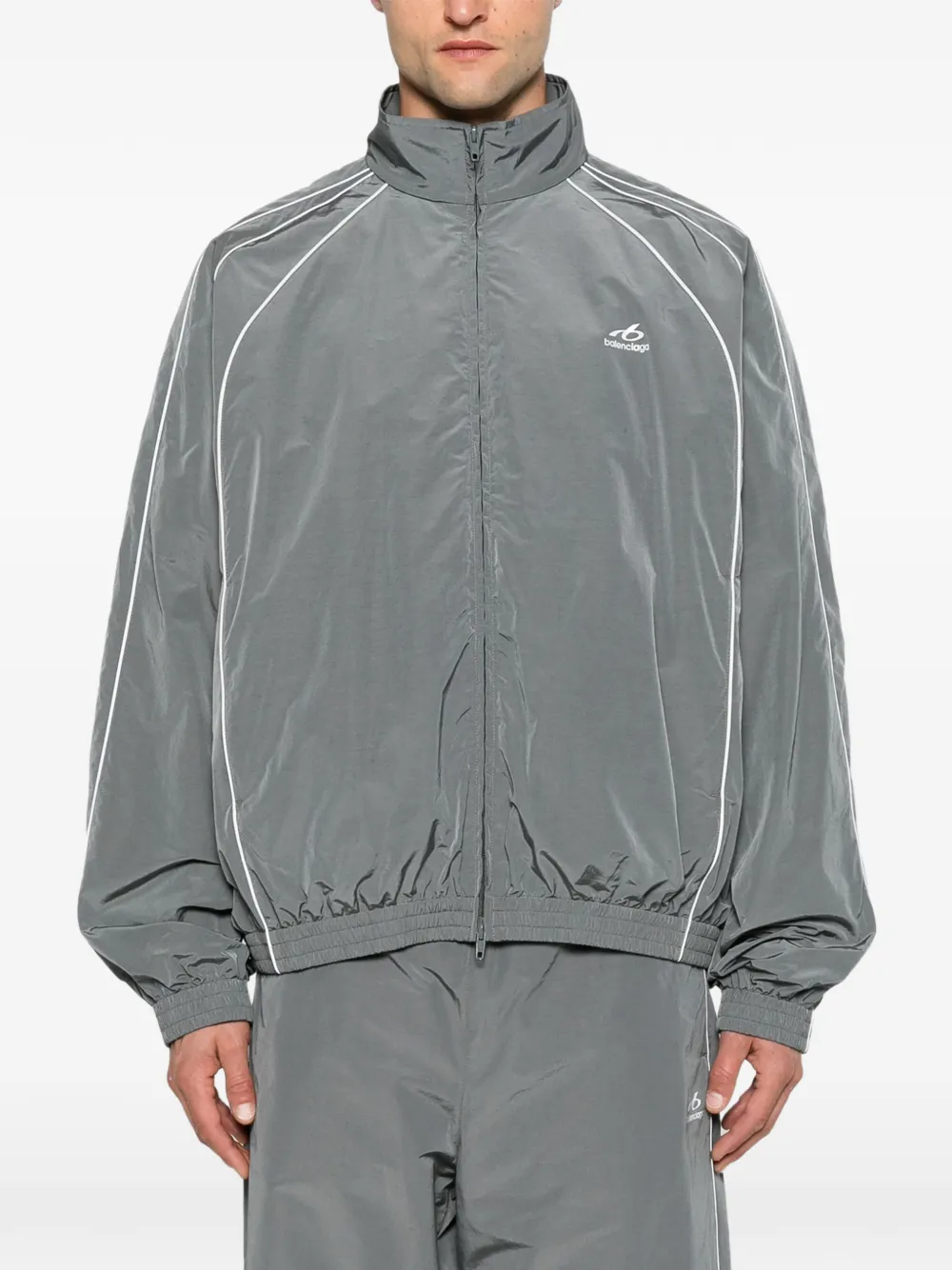 Balenciaga piped-trim logo-print Jacket | Grey | FARFETCH OM