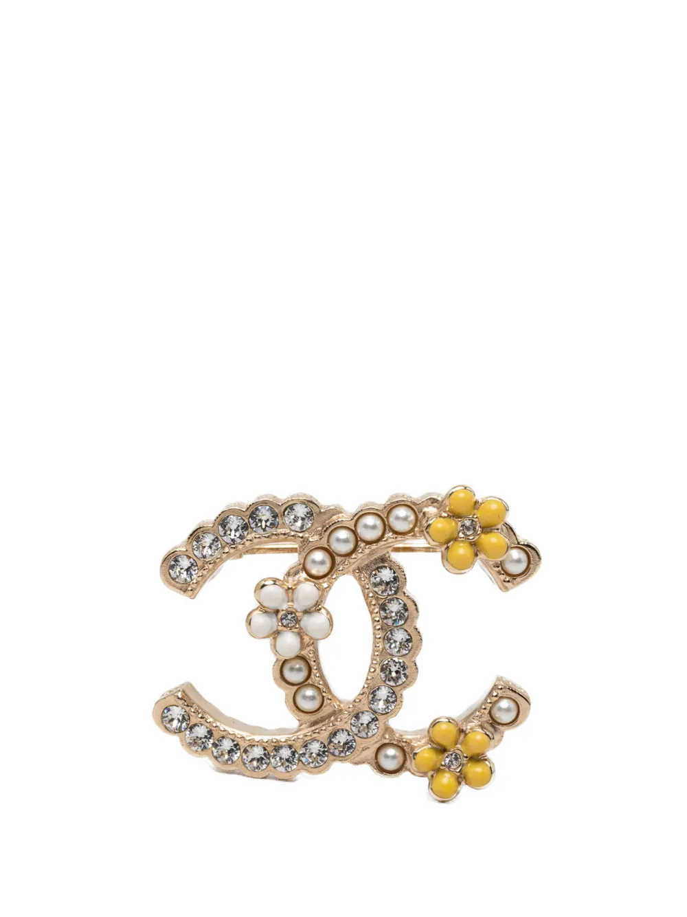 Pre-owned Chanel 2021 Cc Gold Plated Strass Faux Pearl And Enamel Brooch Costume Brooch