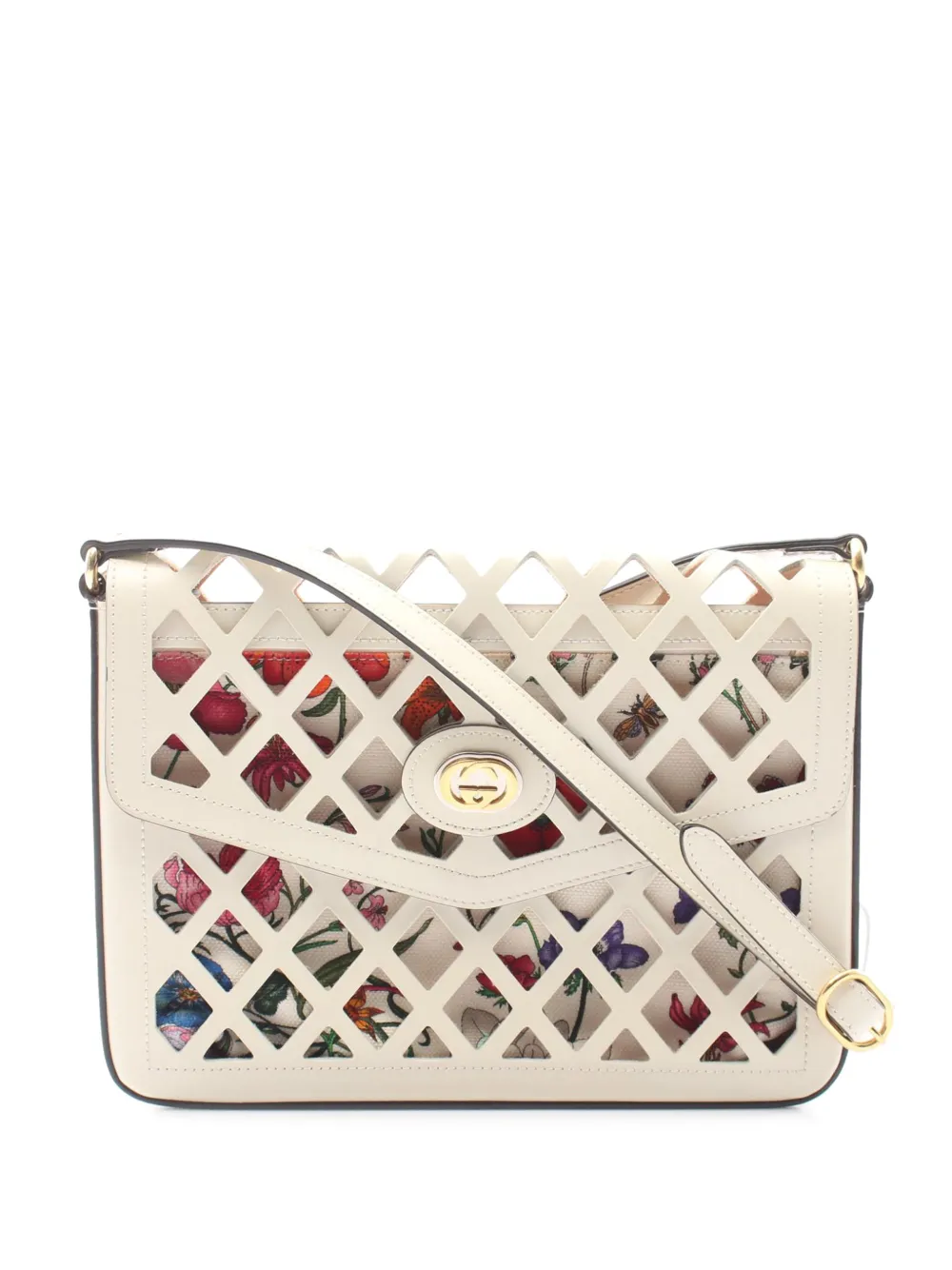 Gucci Pre-Owned 2016-2026 Medium Cutout Leather and Flora Canvas Traforata Flap crossbody bag - Bianco