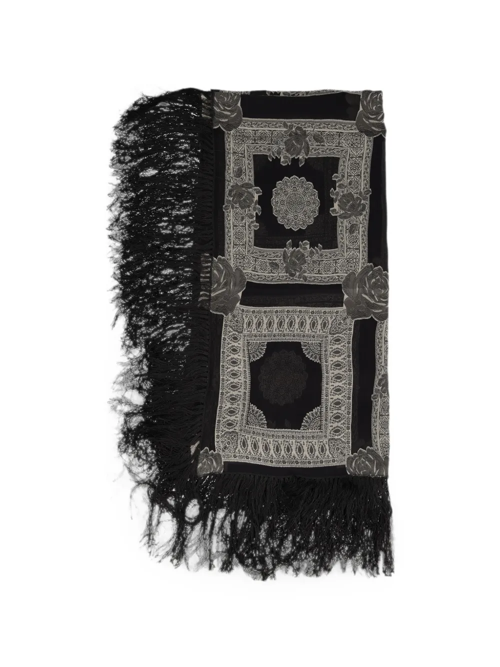 Vintage floral-print fringed scarf - Schwarz