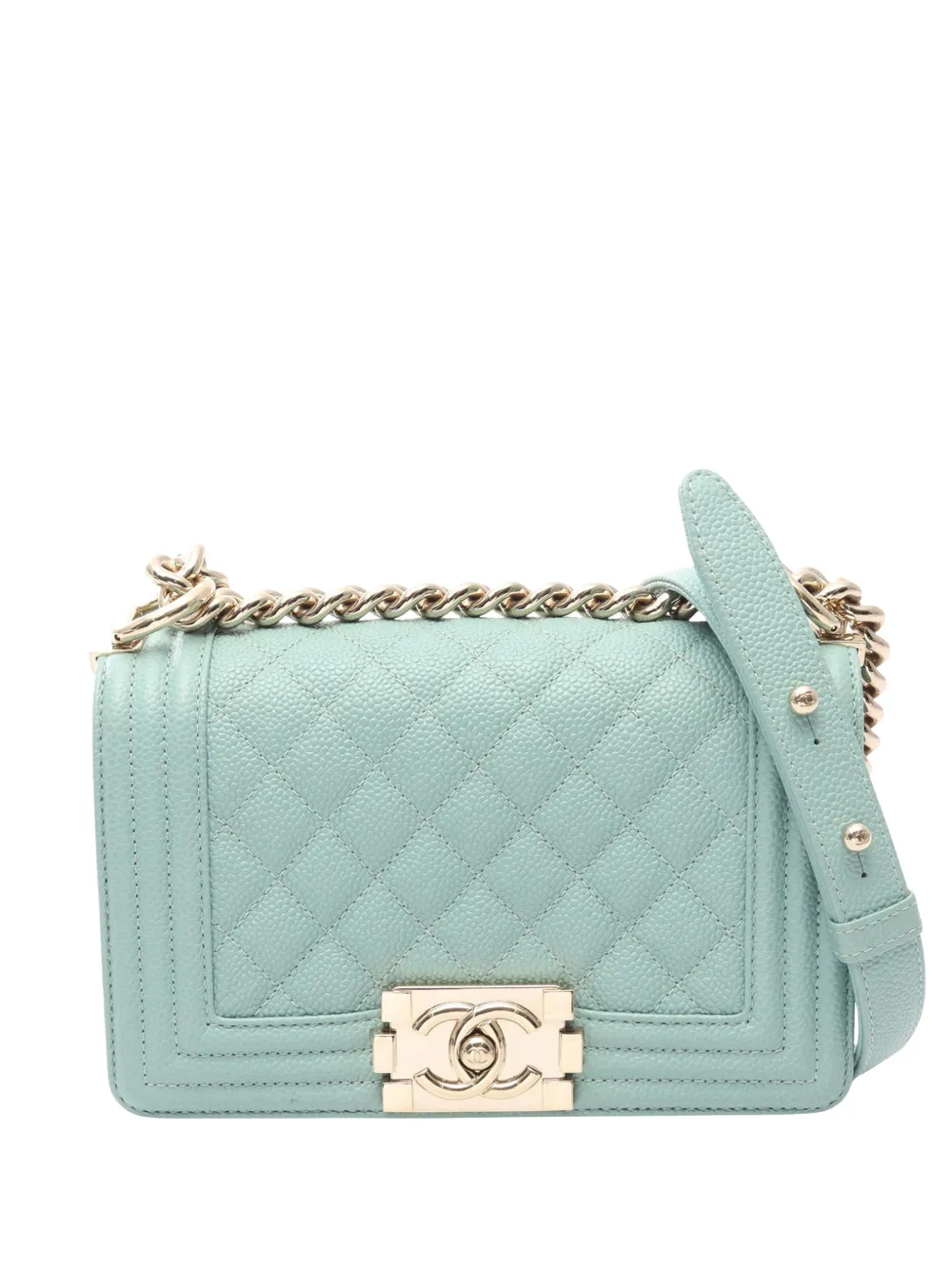 CHANEL Pre-Owned Borsa a tracolla Boy piccola in pelle Caviar trapuntata con battente 2019 - Blu