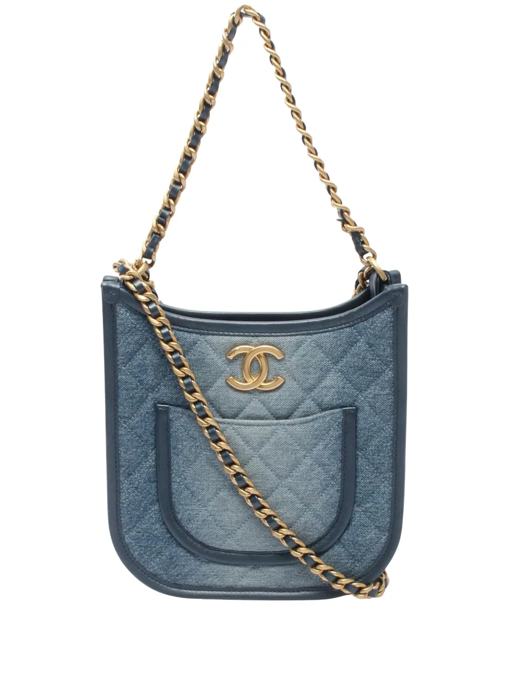 CHANEL Pre-Owned 2021-2026 kleine CC Satchel-Tasche aus gestepptem Denim mit Kettenriemen - Blau