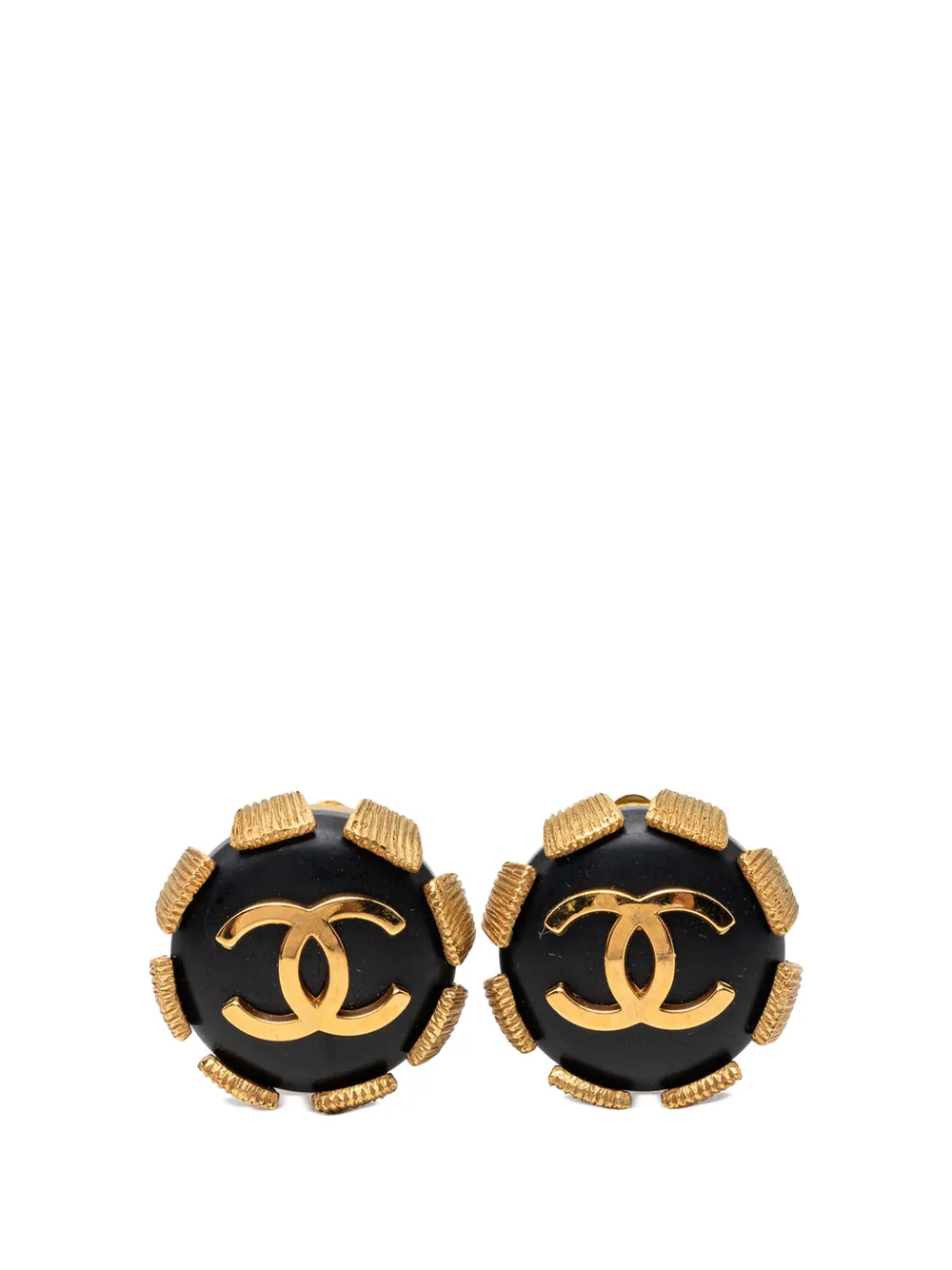 CHANEL Pre-Owned 1994 CC Gold Plated and Resin Round Clip On Earrings costume earrings - Black