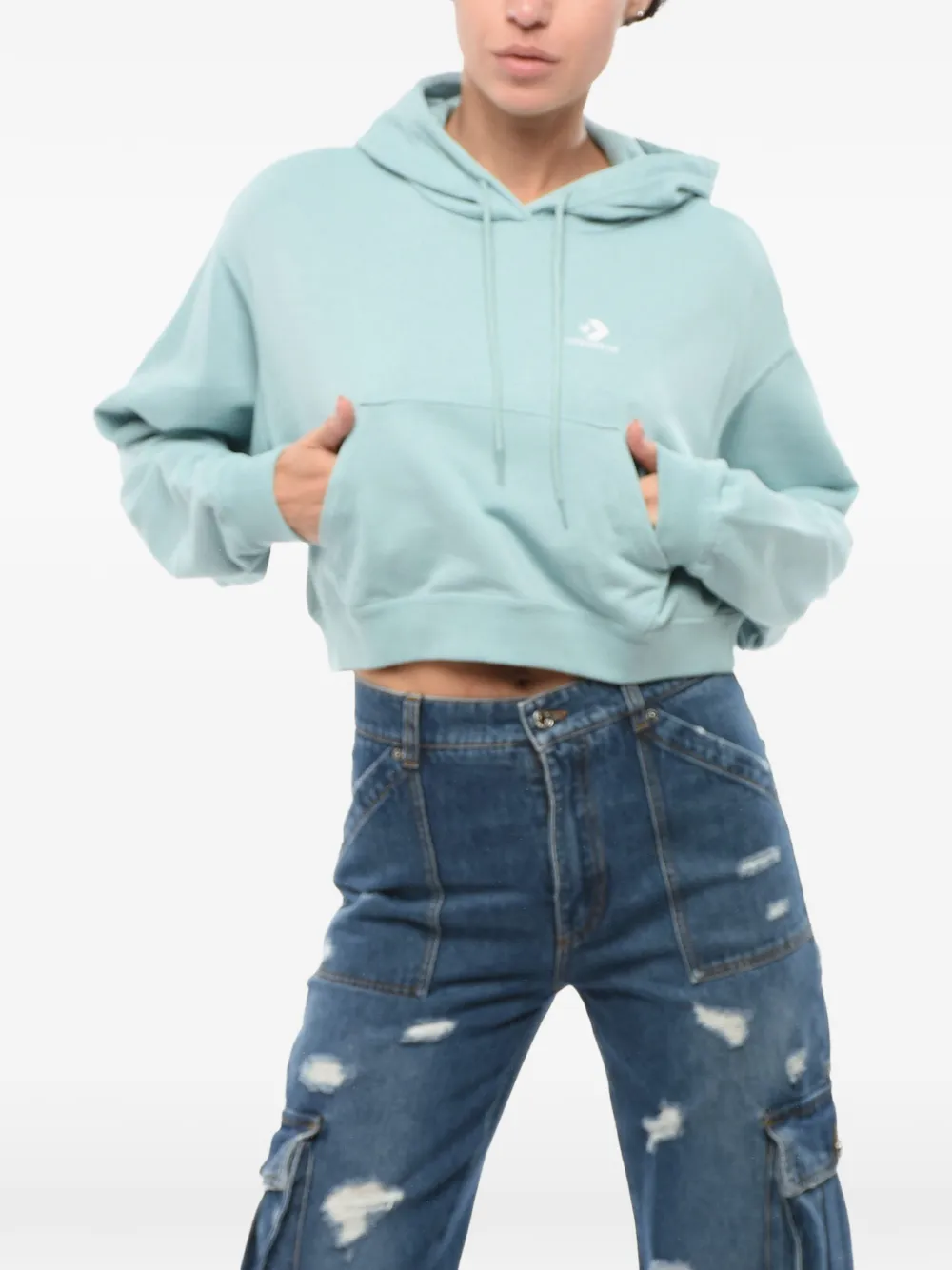 Converse logo-detail cropped cotton hoodie Blauw