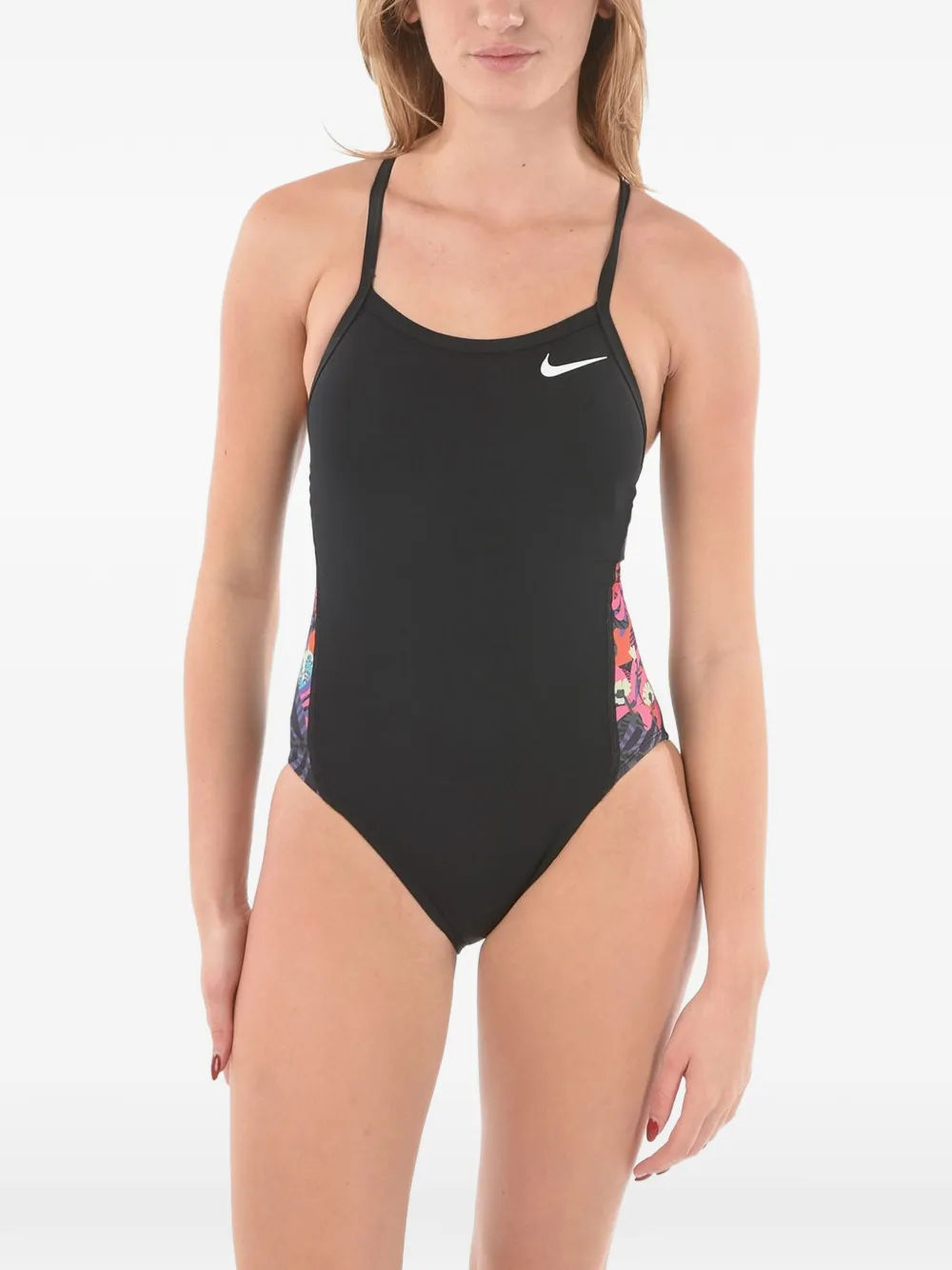 Nike Logo-print Patterned-panel Swimsuit In Black