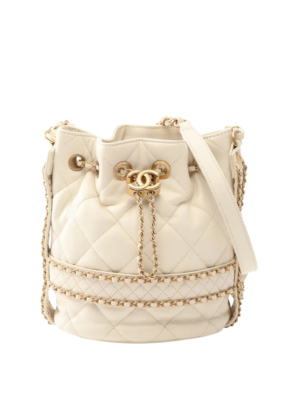 CHANEL Pre-Owned 2019 CC Quilted Lambskin Chain Around Drawstring bucket bag - White