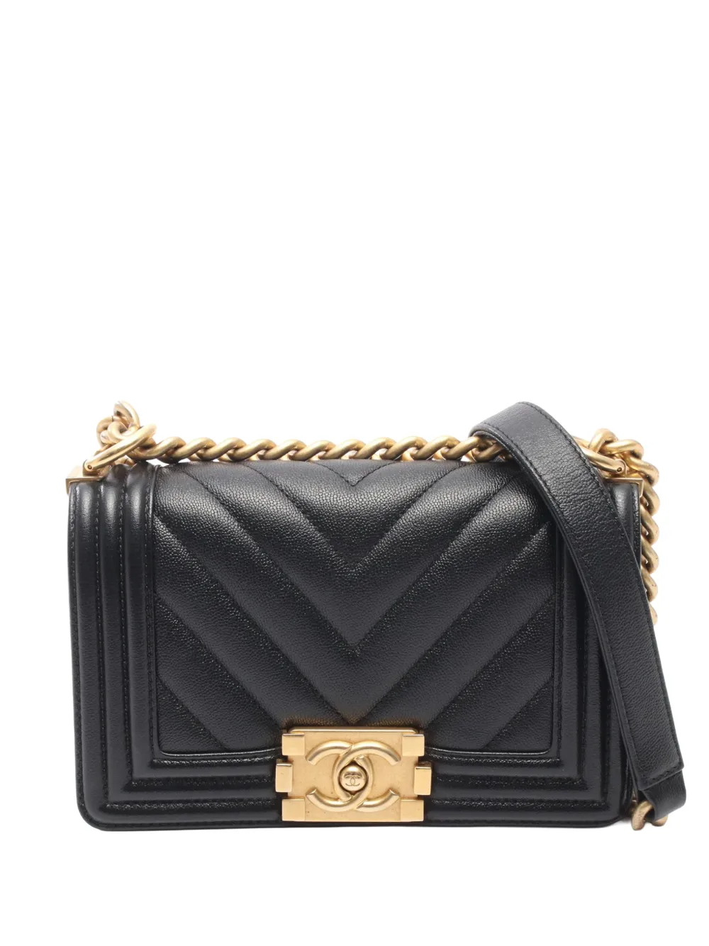 CHANEL Pre-Owned Borsa a tracolla Boy Flap piccola in pelle Caviar con motivo Chevron 2021-2026 - Nero