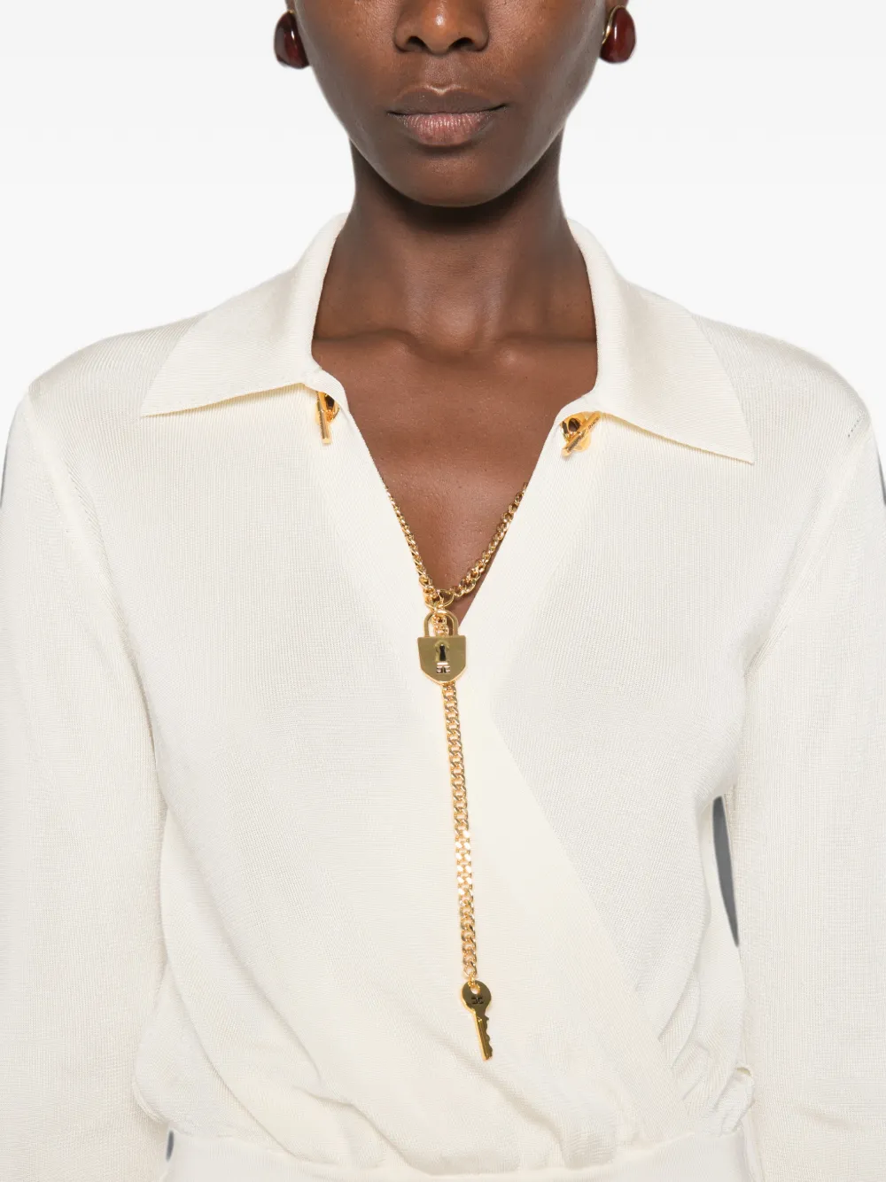 Elisabetta Franchi Midi-jurk met lange mouwen en hangslot-detail Beige