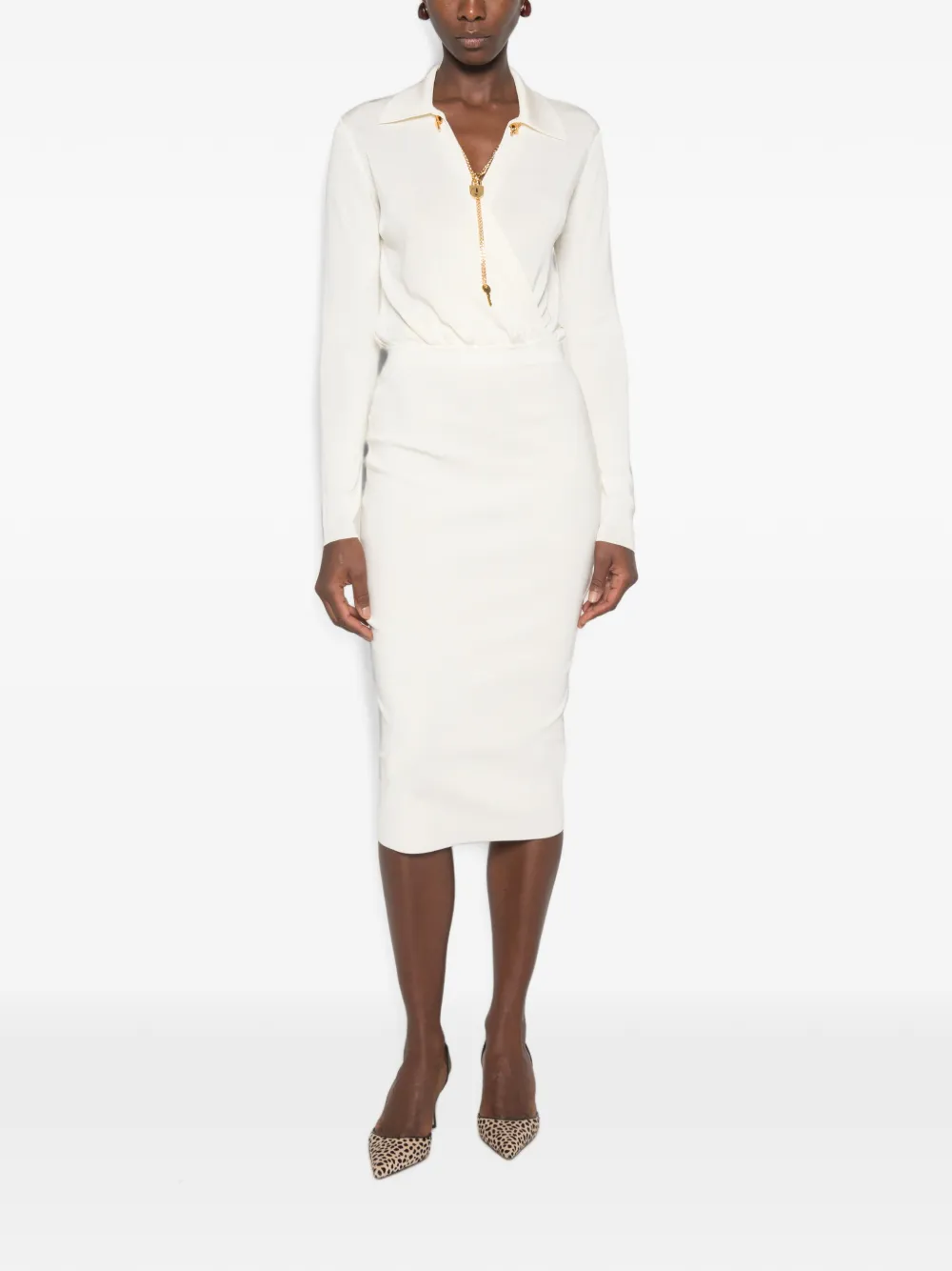 Elisabetta Franchi Midi-jurk met lange mouwen en hangslot-detail Beige