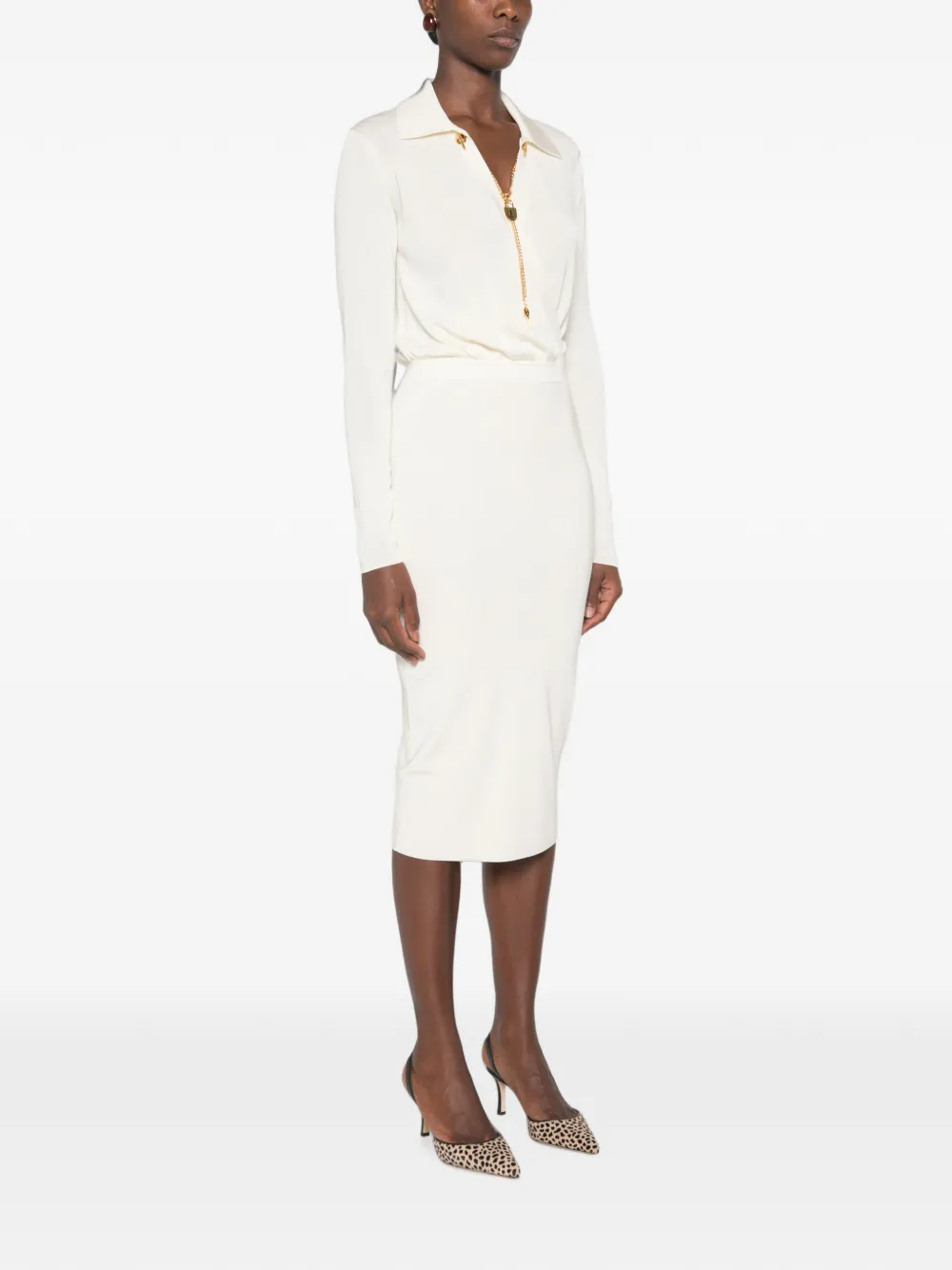 Elisabetta Franchi Midi-jurk met lange mouwen en hangslot-detail Beige