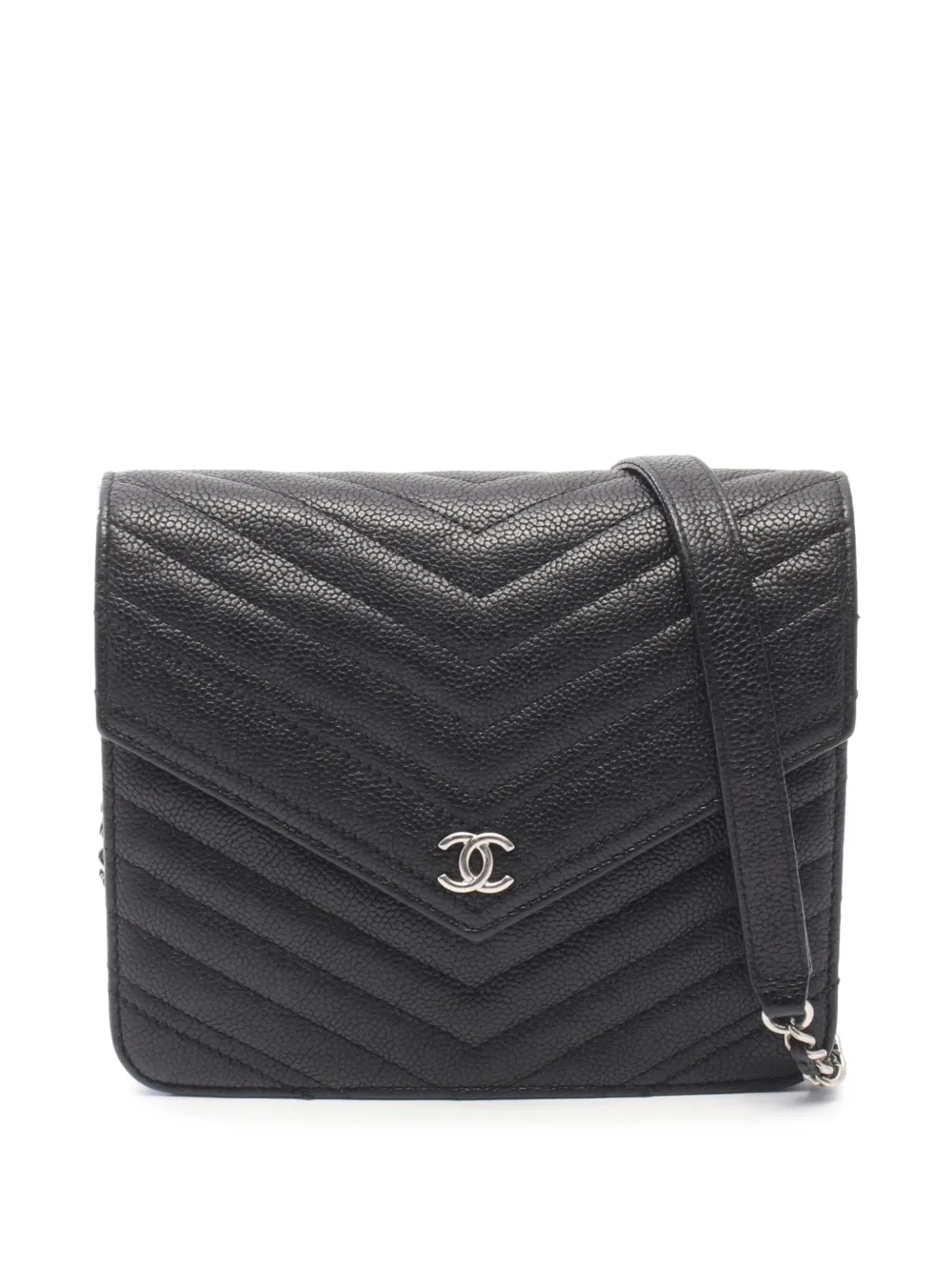 CHANEL Pre-Owned 2017-2018 CC Chevron Caviar Square Wallet On Chain crossbody bag - Black