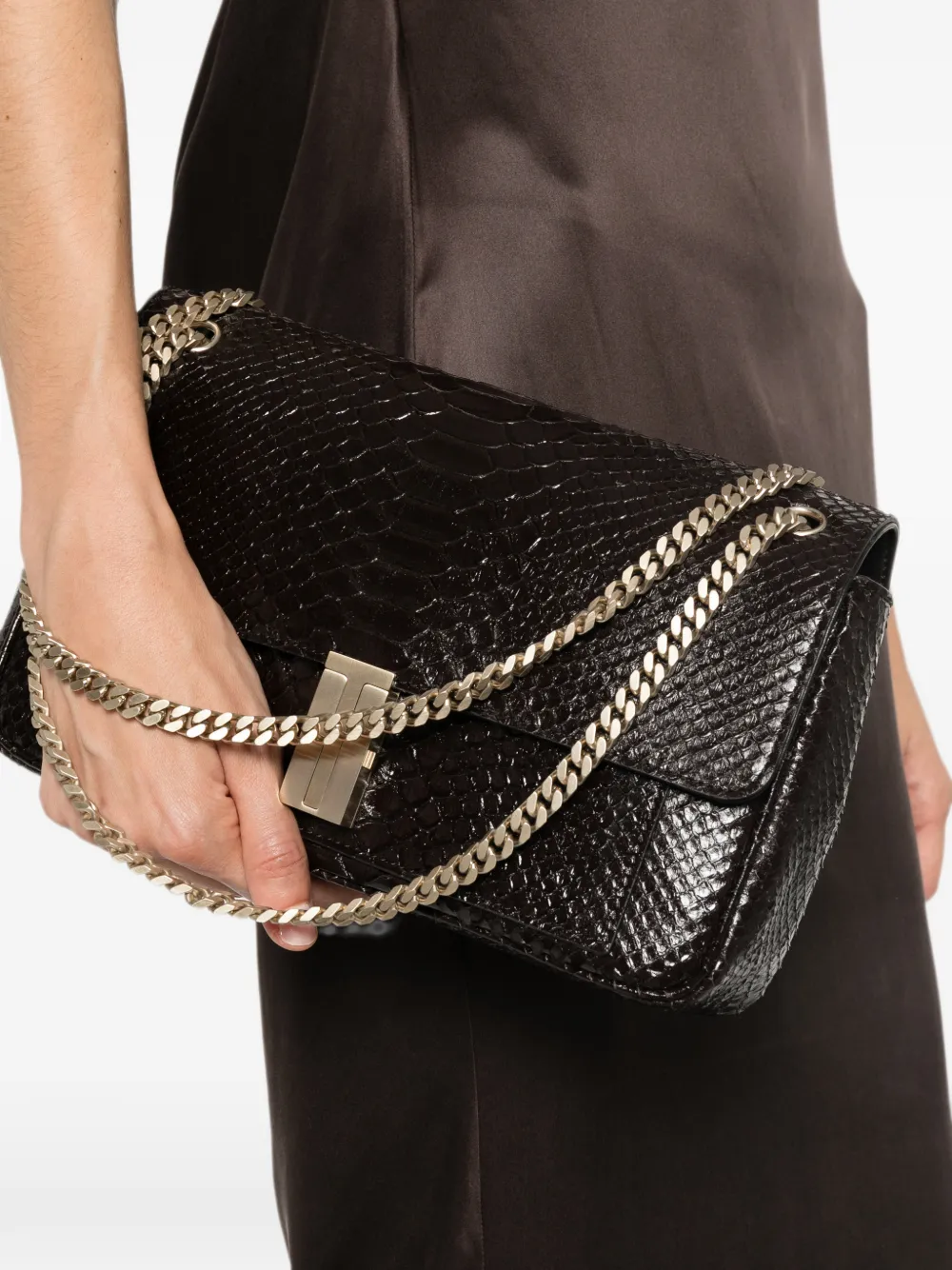 Tom Ford Semi Shiny Printed Python Chain Shoulder Bag In Black
