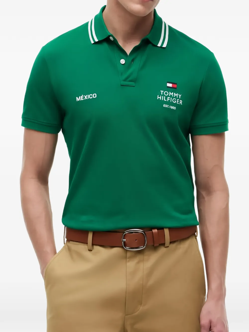Tommy Hilfiger Poloshirt met geborduurd logo en gestreepte kraag Groen