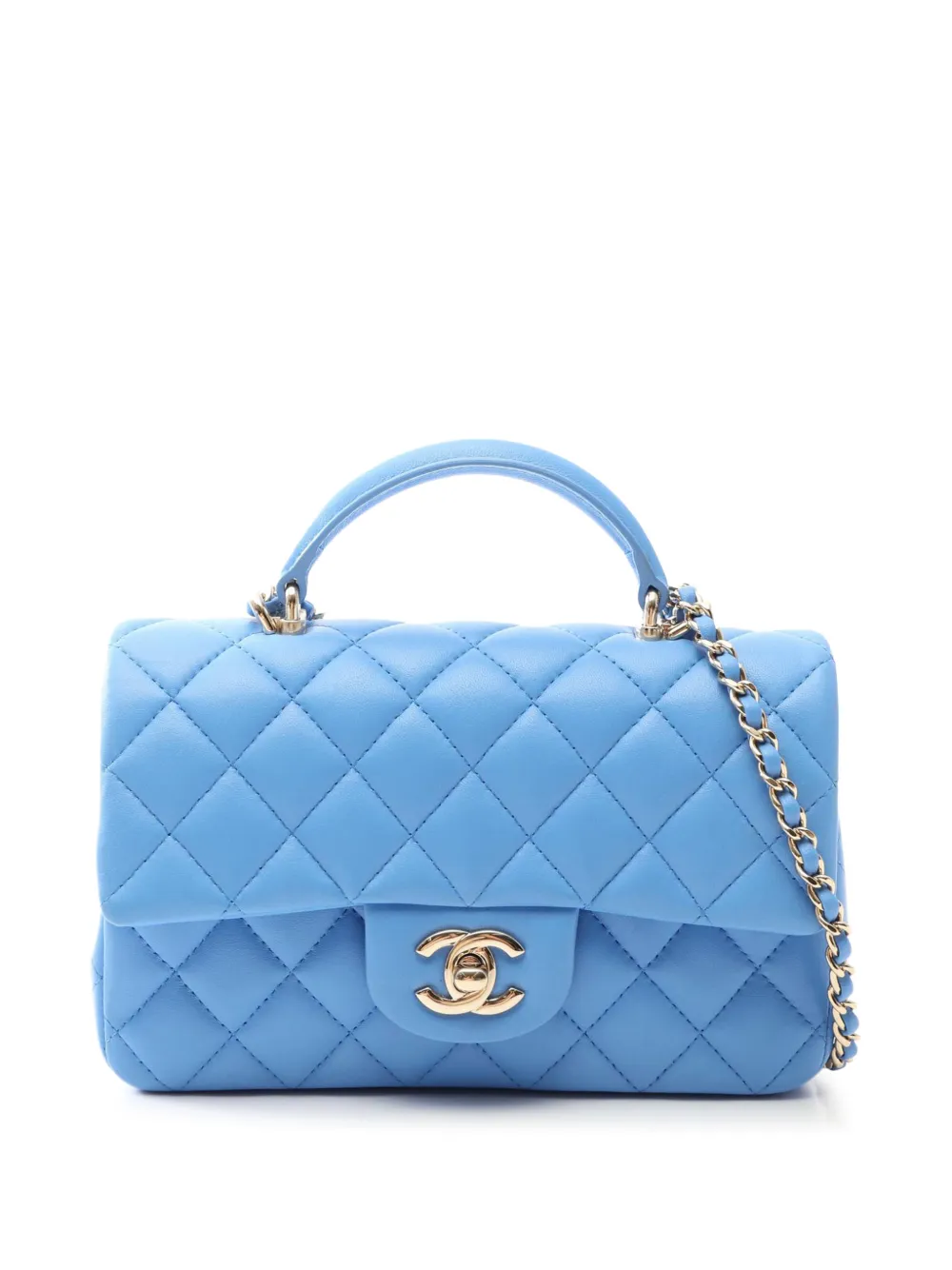 CHANEL Pre-Owned 2021-2026 Mini Rectangular Quilted Lambskin Top Handle Single Flap satchel - Blue