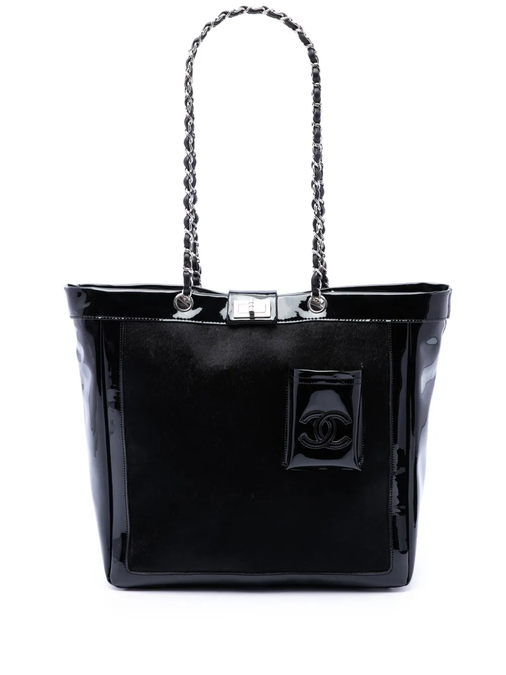 CHANEL Pre-Owned 2005-2006 Pony Hair and Patent Mademoiselle Turnlock tote bag - Black