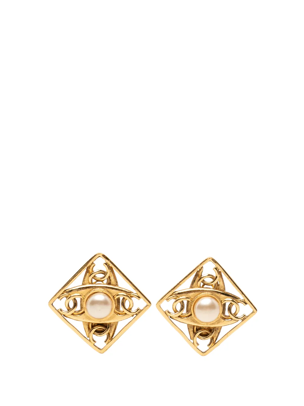CHANEL Pre-Owned 1980-1990 CC Gold Plated Faux Pearl Diamond Shaped Clip On Earrings costume earrings