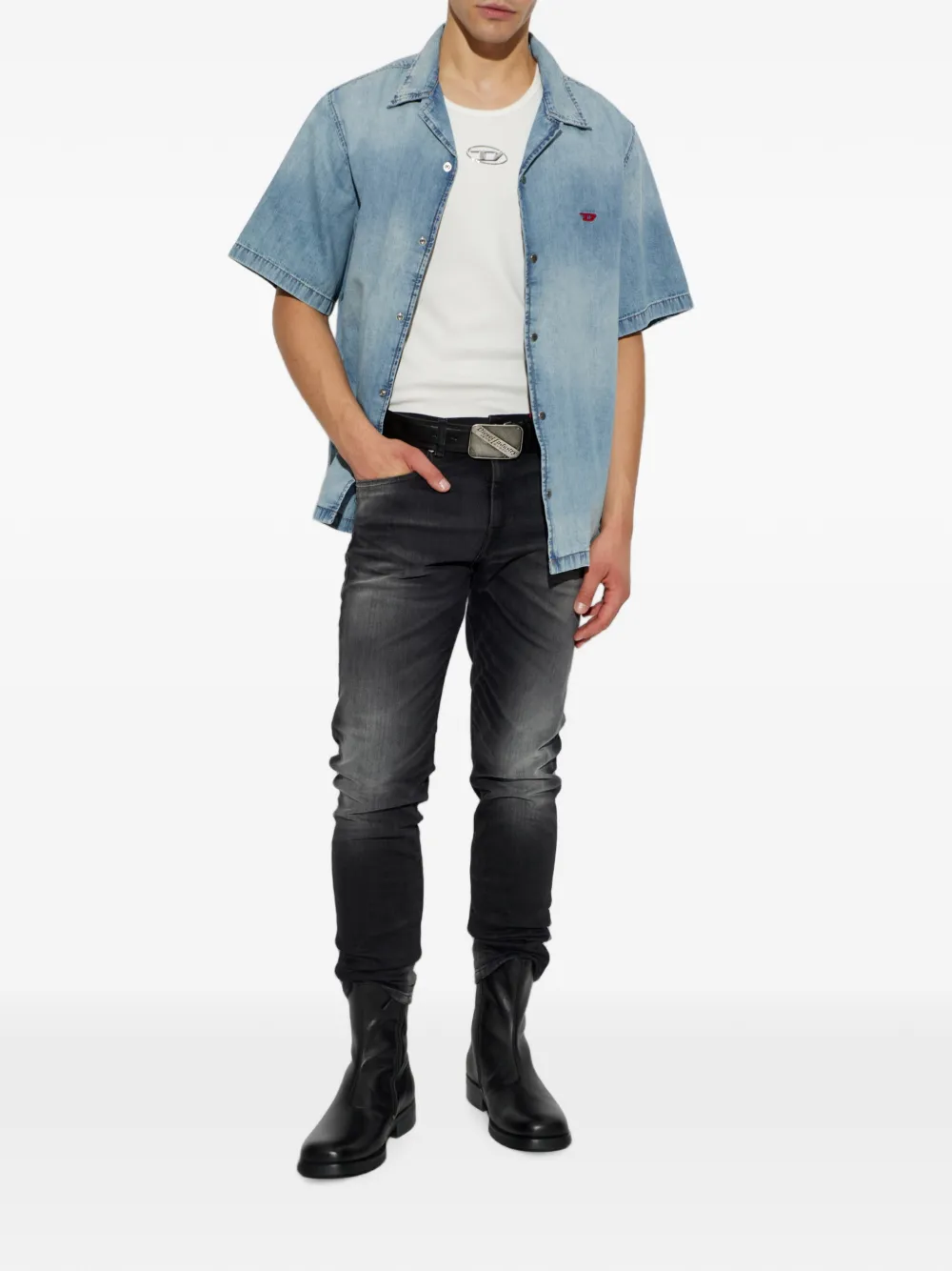 Diesel Overhemd met geborduurd logo en korte mouwen Blauw