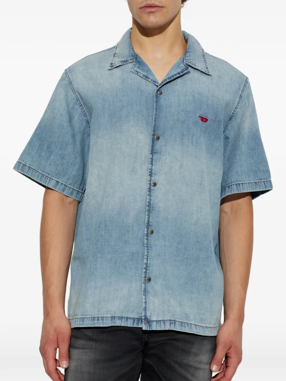 Diesel Overhemd met geborduurd logo en korte mouwen Blauw