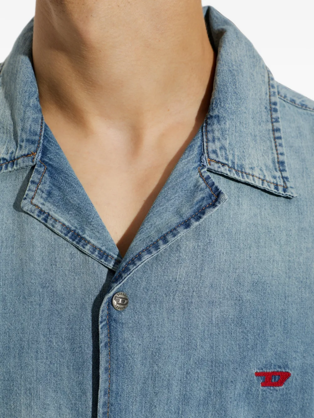 Diesel Overhemd met geborduurd logo en korte mouwen Blauw