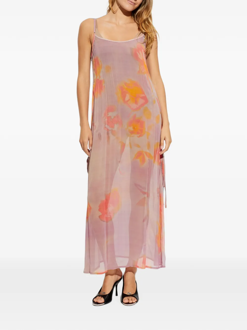 Diesel midi-jurk met bloemenprint en kristallen logo Roze
