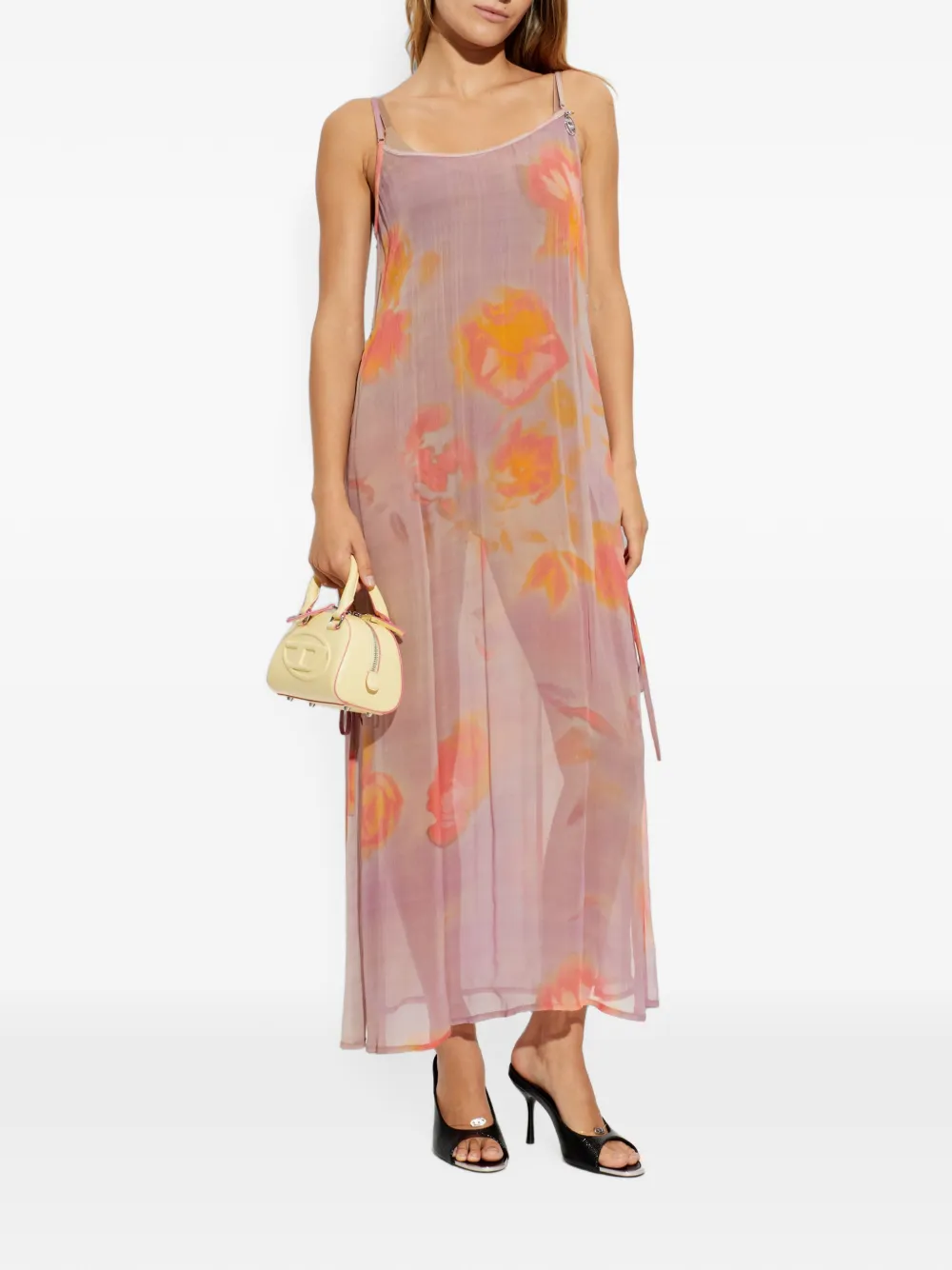 Diesel midi-jurk met bloemenprint en kristallen logo Roze