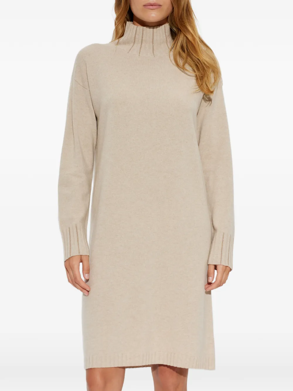 Fabiana Filippi Midi-jurk verfraaid met pailletten en hoge hals Beige