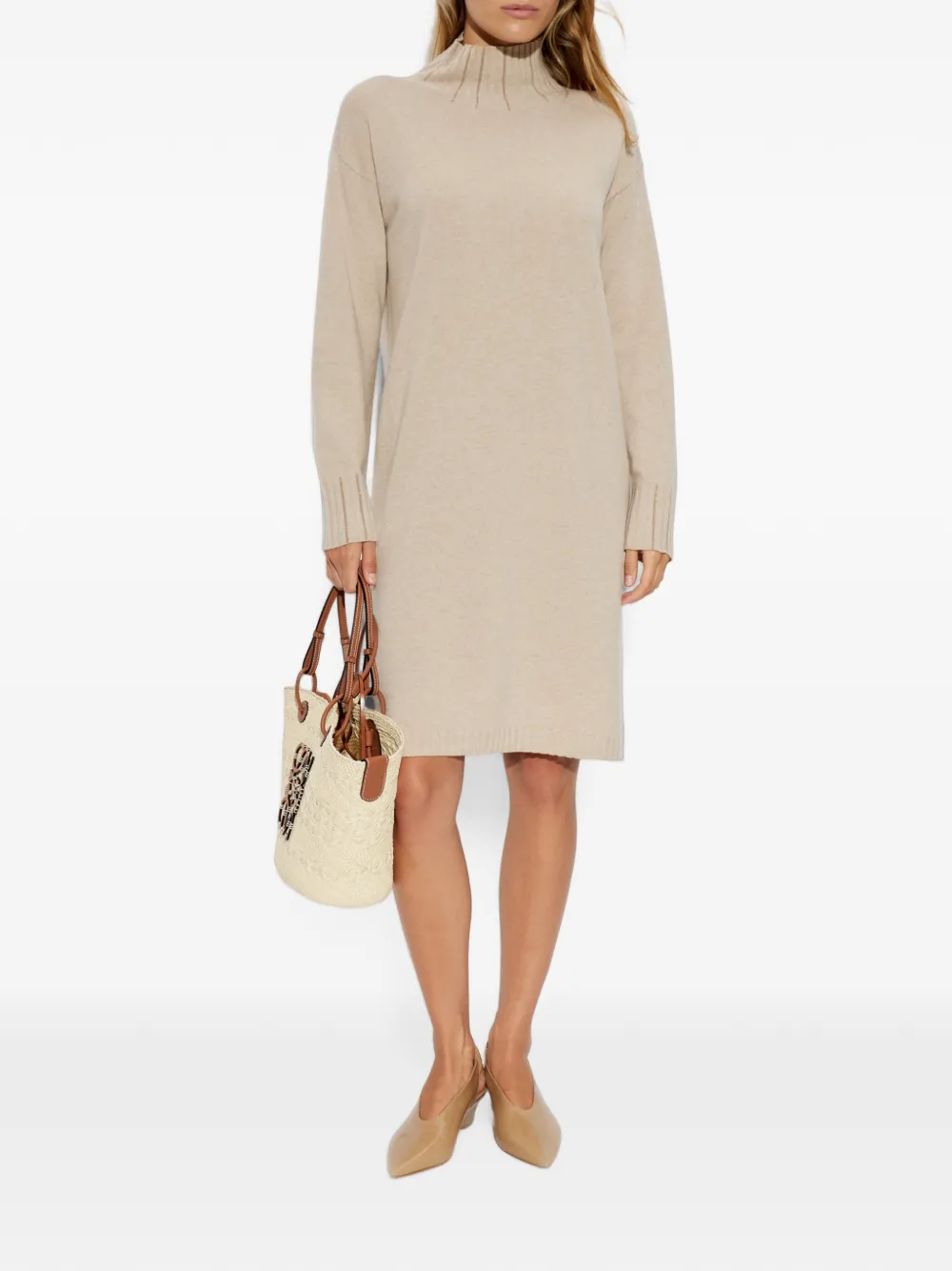 Fabiana Filippi Midi-jurk verfraaid met pailletten en hoge hals Beige